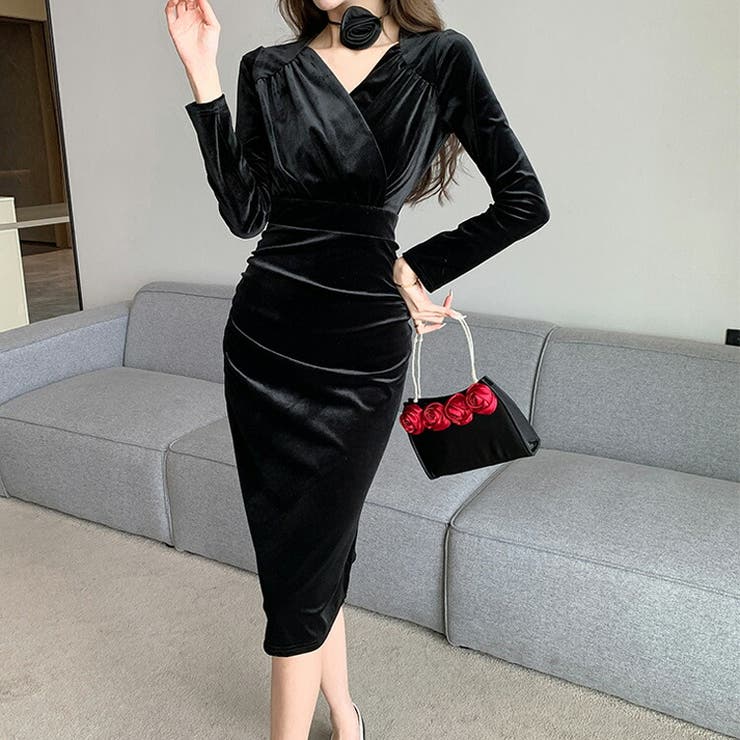 ベロアワンピ チョーカー付き タイトワンピ[品番：JSFW0012520]｜JS