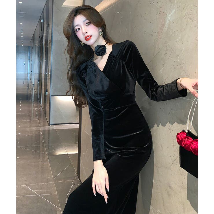 ベロアワンピ チョーカー付き タイトワンピ[品番：JSFW0012520]｜JS