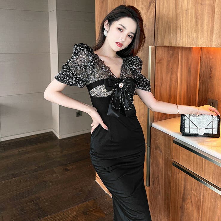 タイトワンピース リボンモチーフ 異素材切替[品番：JSFW0011898]｜JS  