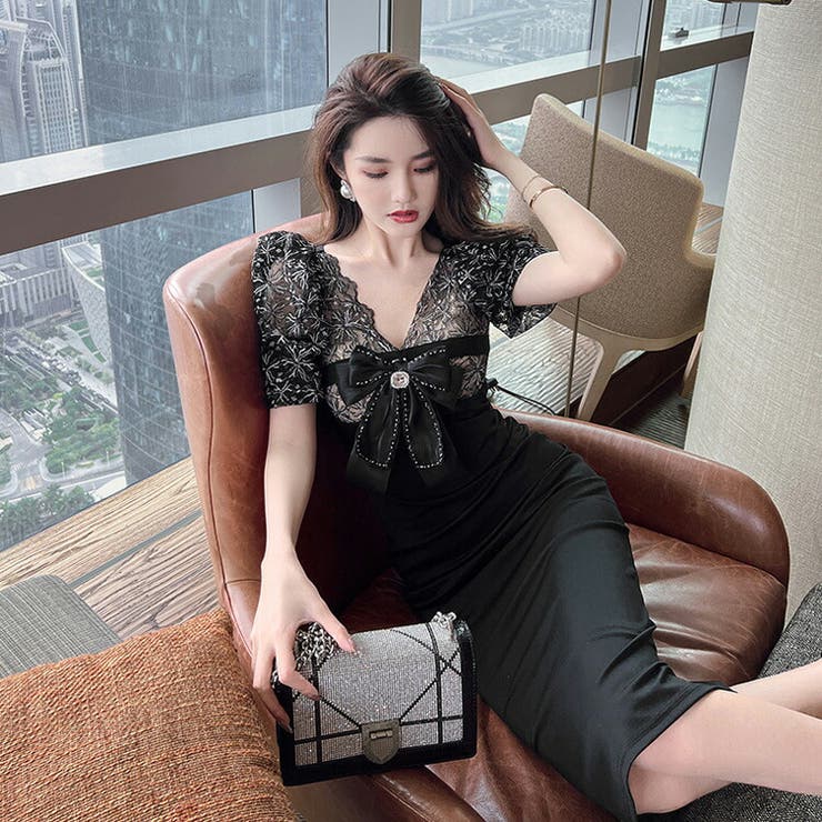 タイトワンピース リボンモチーフ 異素材切替[品番：JSFW0011898]｜JS  