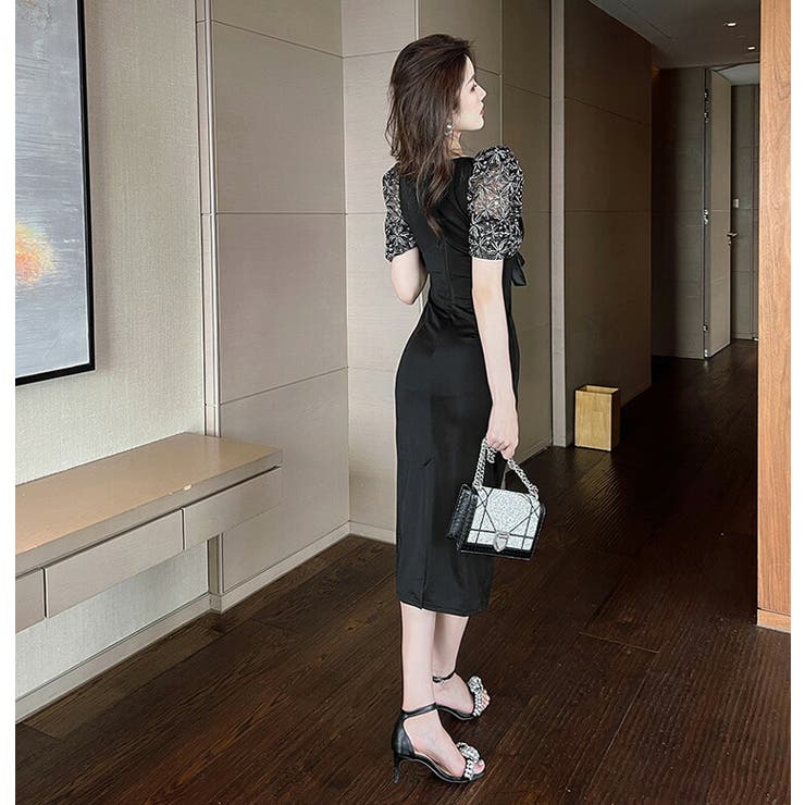 タイトワンピース リボンモチーフ 異素材切替[品番：JSFW0011898]｜JS  