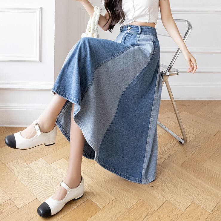 デニムスカート バイカラー 配色[品番：JSFW0010093]｜JS FASHION