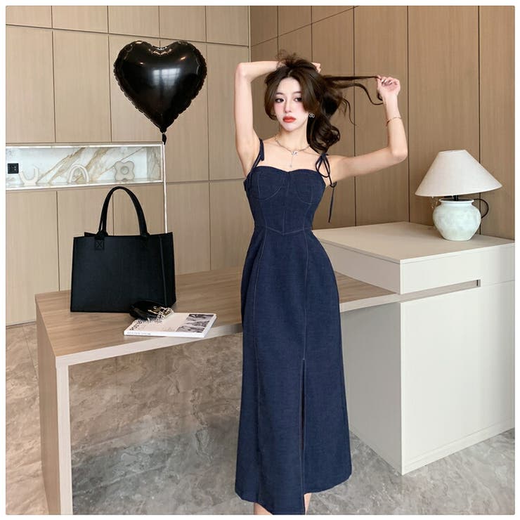 BUBBLES リボンデニムワンピース ブラック BUBBLES】リボンデニムワンピース | sparkling mall online store