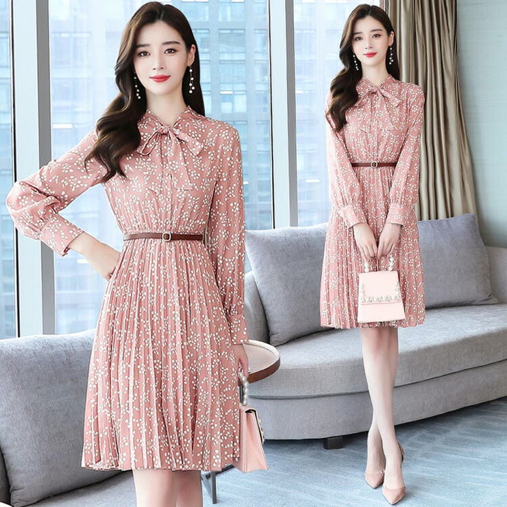 小花柄 ワンピース ベルト付き[品番：JSFW0010645]｜JS FASHION