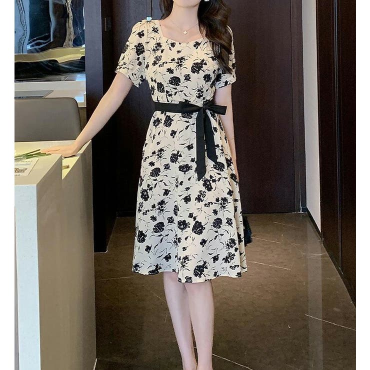 花柄 ワンピース ウエストリボン[品番：JSFW0010660]｜JS FASHION