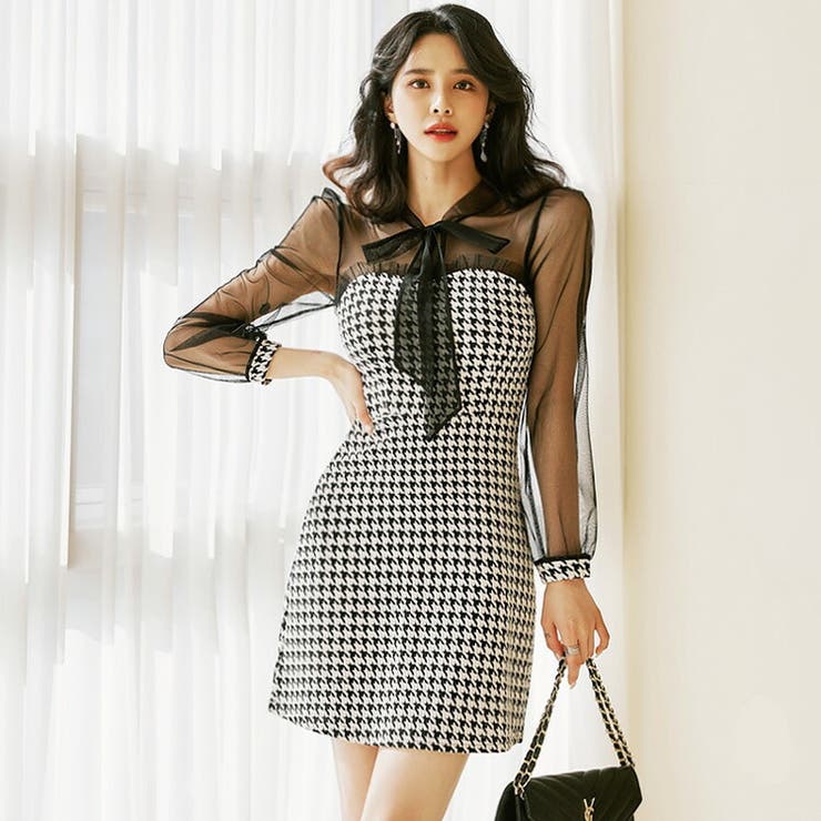 ワンピース 千鳥柄 長袖[品番：JSFW0010292]｜JS FASHION