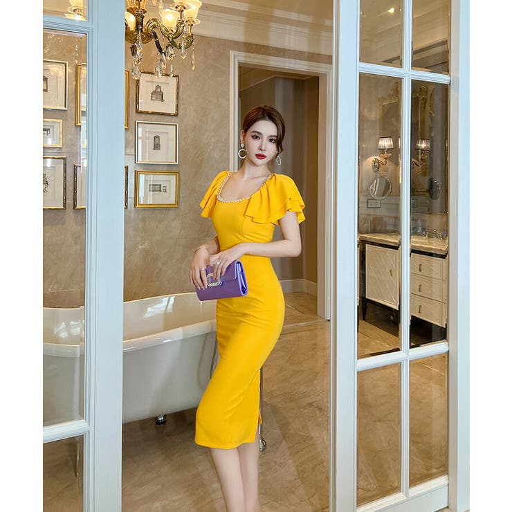 ビジュー付きイエロータイトドレス Veautt タイトドレス