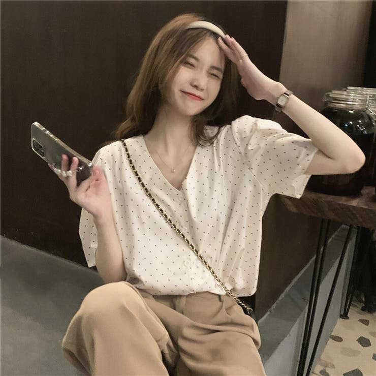 売上実績NO.1 ドット柄ブラウス FASHION Vネック[品番：JSFW0010314]｜JS 半袖 トップス