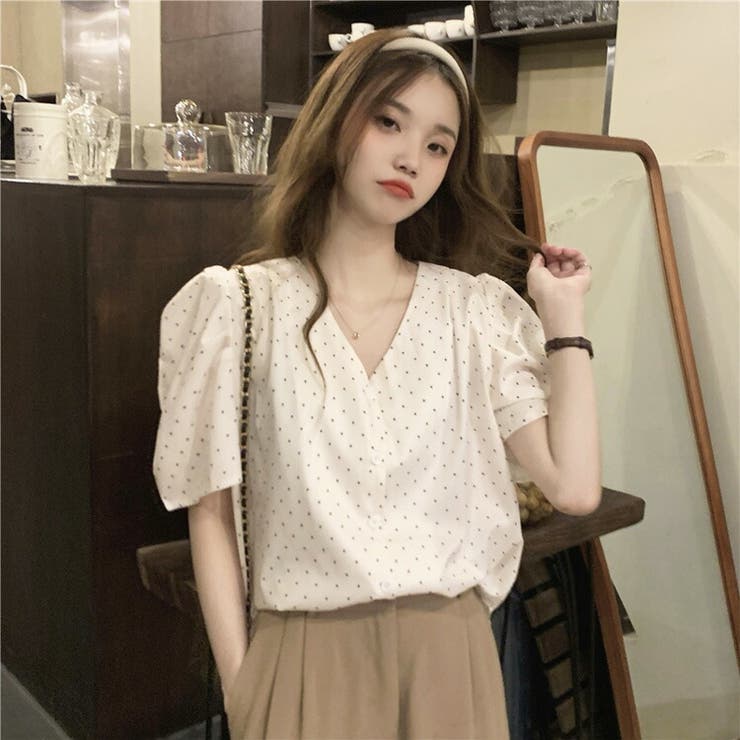 信頼も厚い ドット柄ブラウス FASHION Vネック[品番：JSFW0010314]｜JS 半袖 カットソー(半袖/袖なし)
