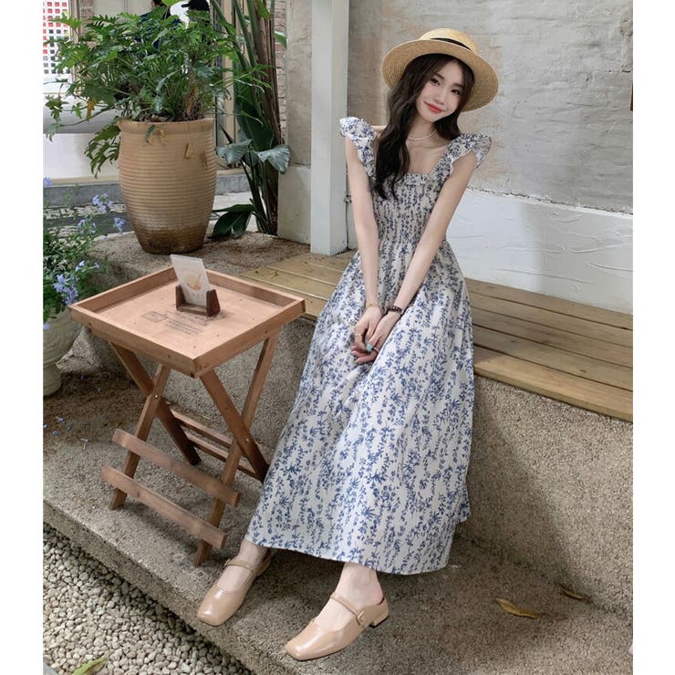 肩フリル 花柄 ノースリーブ ワンピース★大人可愛い キュート★ 花柄ワンピース 肩フリル ノースリーブ[品番：JSFW0010325]｜JS