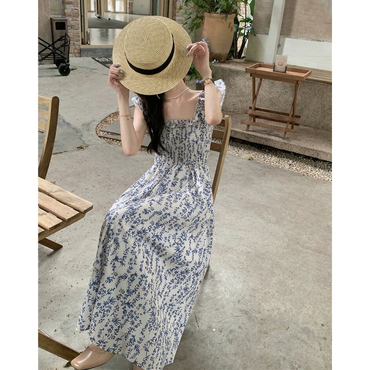 肩フリル 花柄 ノースリーブ ワンピース★大人可愛い キュート★ 花柄ワンピース 肩フリル ノースリーブ[品番：JSFW0010325]｜JS