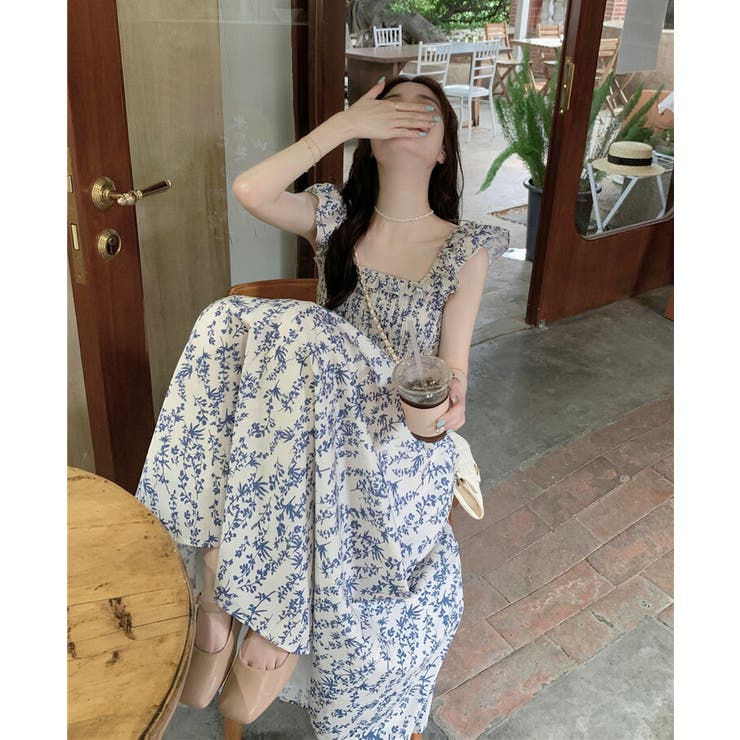 肩フリル 花柄 ノースリーブ ワンピース★大人可愛い キュート★ 花柄ワンピース 肩フリル ノースリーブ[品番：JSFW0010325]｜JS