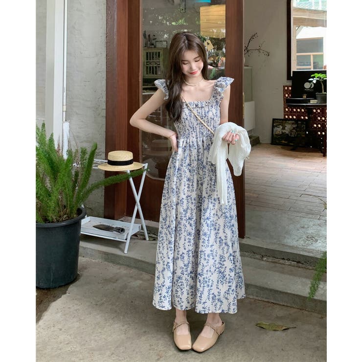 肩フリル 花柄 ノースリーブ ワンピース★大人可愛い キュート★ 花柄ワンピース 肩フリル ノースリーブ[品番：JSFW0010325]｜JS