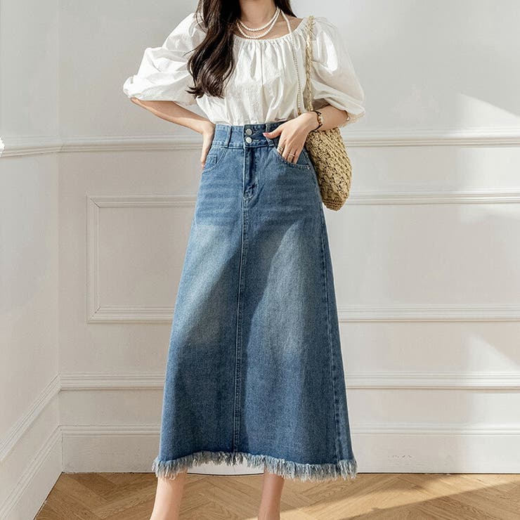 デニムスカート 裾フリンジ Aラインスカート[品番：JSFW0010562