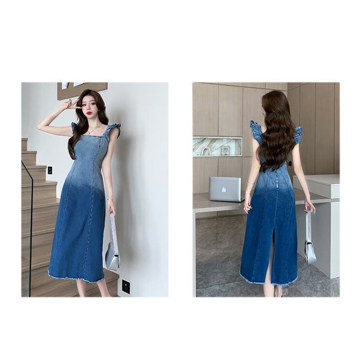 デニム ワンピース グラデーション 肩フリル ロングシーズン ♪ デニムワンピース 肩フリル グラデーション[品番：JSFW0010855