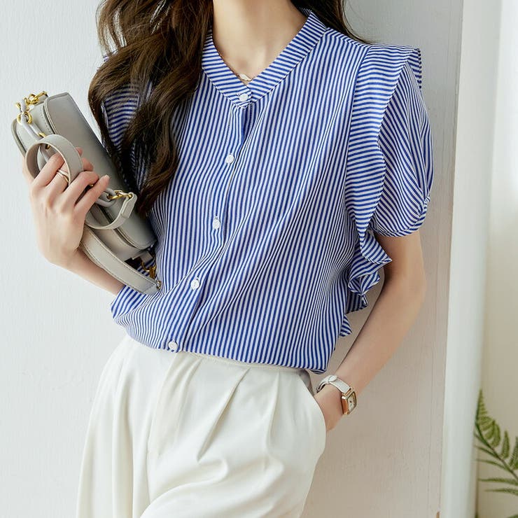 ブラウス ストライプ柄 半袖[品番：JSFW0010289]｜JS FASHION