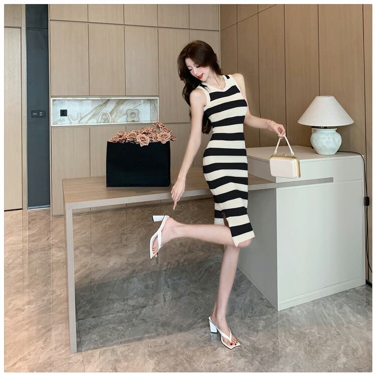 ボーダー柄ワンピース 全2色 ノースリーブ[品番：JSFW0010720