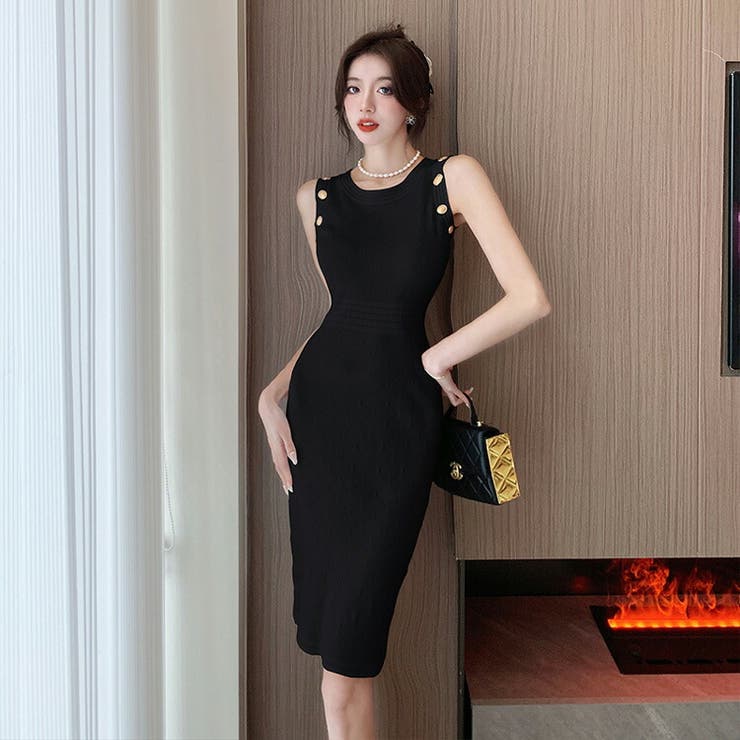 ブラックノースリーブワンピース ノースリーブワンピース 全2色 模様入りニット[品番