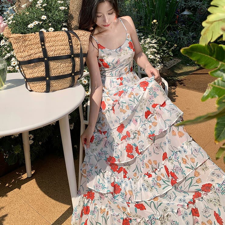 ビスチェ ワンピース レディース 花柄 フリル シフォン リゾート リゾートワンピ 花柄 フリル[品番：JSFW0011065]｜JS FASHION