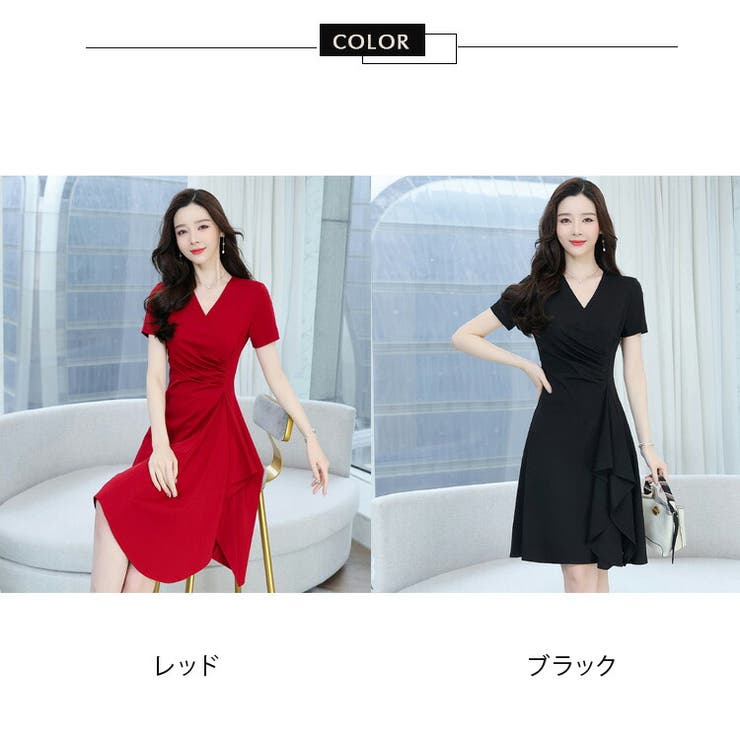 Aラインワンピース 全2色 カシュクール風[品番:JSFW0010931 Aラインワンピース 全2色 カシュクール風[品番:JSFW0010931