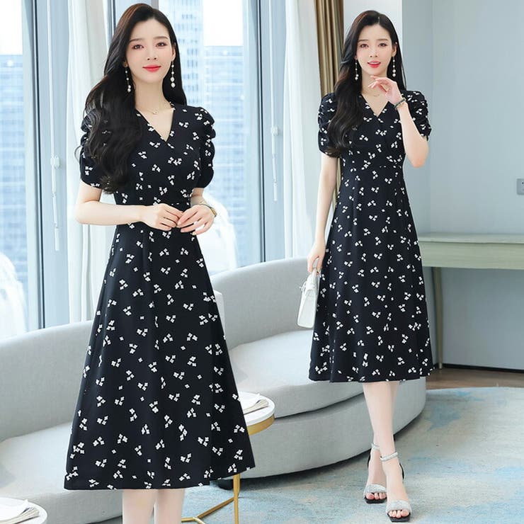 小花柄ワンピース Vネック 半袖[品番：JSFW0010937]｜JS FASHION