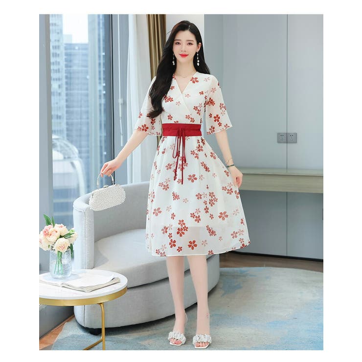和柄 花柄ワンピース カシュクール