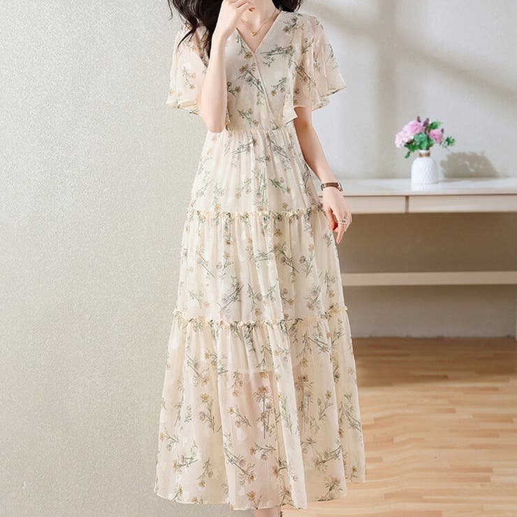 花柄ワンピース ハート柄 シフォン[品番：JSFW0010960]｜JS