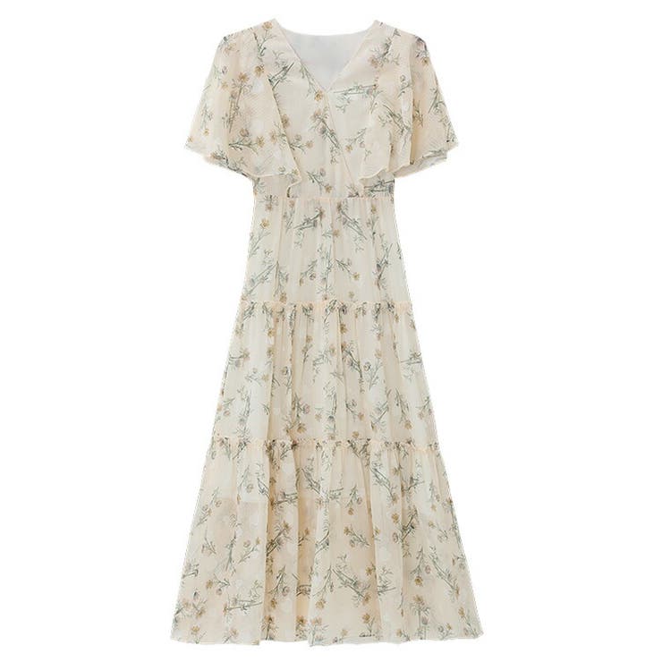 Aライン シフォンワンピ フェアリードレス レトロ ハート柄 花柄ワンピース ハート柄 シフォン[品番：JSFW0010960]｜JS