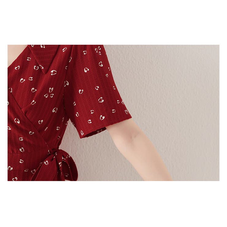 ハート柄ワンピース 襟付き カシュクール[品番：JSFW0010963