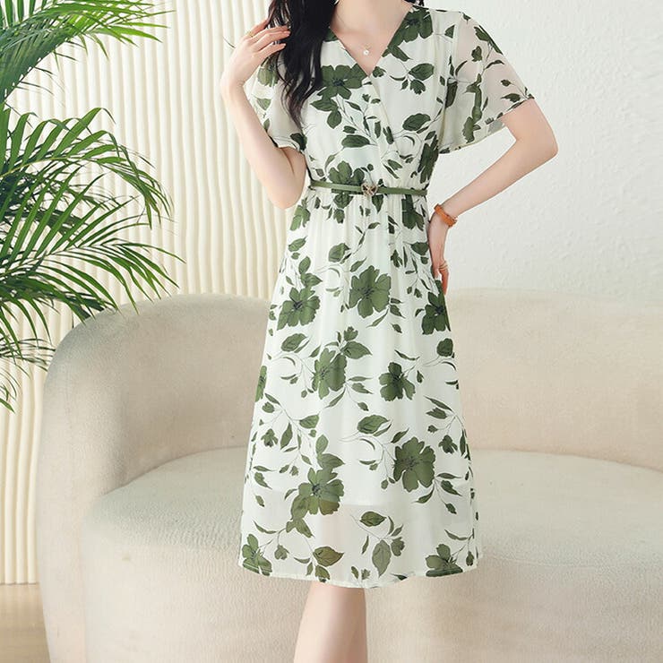 セール 登場から人気沸騰 花柄ワンピース Vネック 半袖[品番：JSFW0010966]｜JS FASHION ワンピース