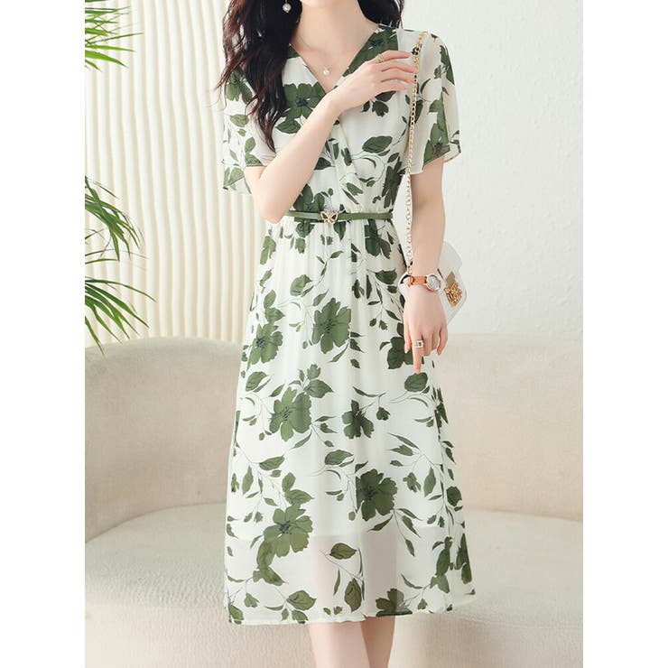 気質アップ 花柄ワンピース Vネック 半袖[品番：JSFW0010966]｜JS FASHION ワンピース