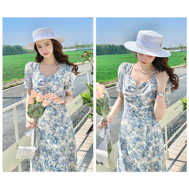 在庫一掃セール 花柄ワンピース 半袖 ハートネック[品番：JSFW0010968]｜JS XLサイズ以上