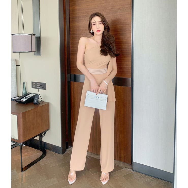 パンツドレス ワンショルダー トップス ワイドパンツ 半袖 パンツドレス ワンショルダー トップス ワイドパンツ 半袖