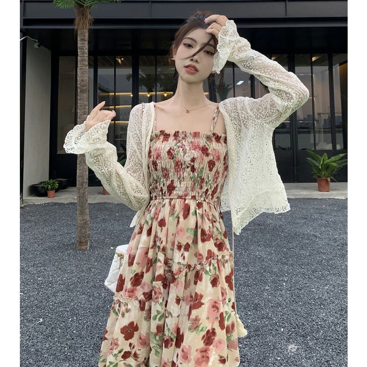 胸元 シャーリング 花柄ワンピース[品番：JSFW0011091]｜JS