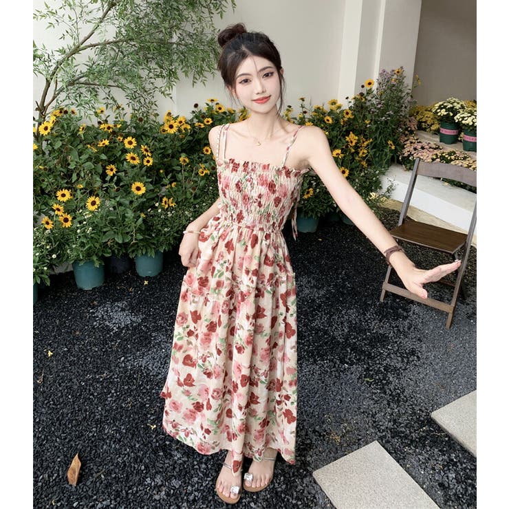 【2024春夏新色】 胸元 シャーリング 花柄ワンピース[品番：JSFW0011091]｜JS ワンピース