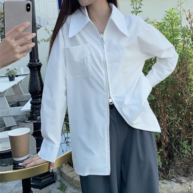ファスナー ホワイト シャツ[品番：JSFW0011833]｜JS FASHION