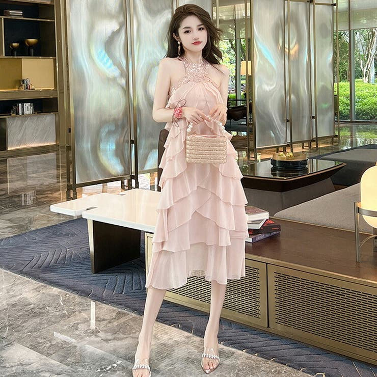 シアーパフスリーブペプラムスパンコール花柄Iラインドレスワンピース 2点セット レジャ Leja シアーパフスリーブペプラムスパンコール花柄Iライン