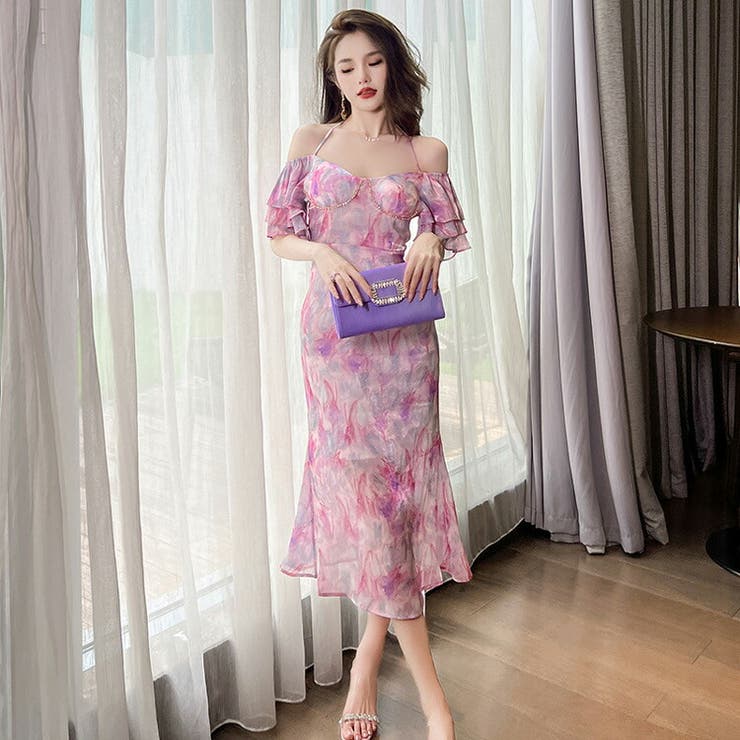 マーメイドワンピ 総柄オフショルダー パーティードレス[品番