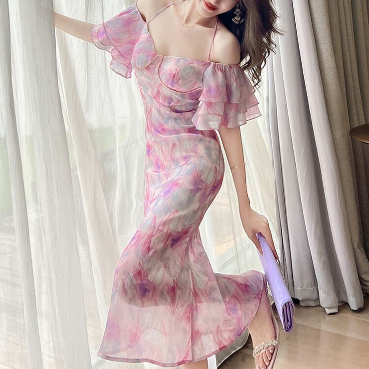 マーメイドワンピ 総柄オフショルダー パーティードレス[品番