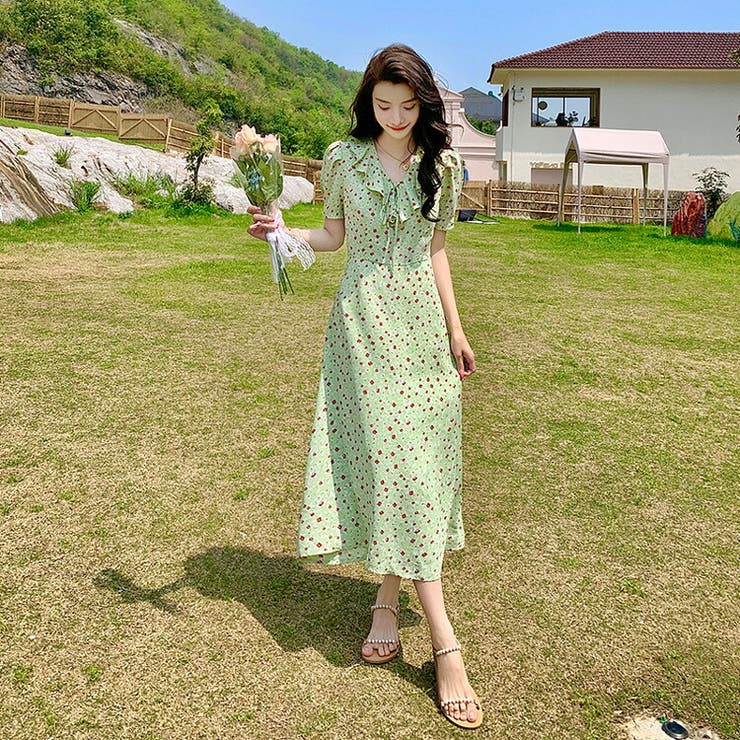 グリーン系】花柄ワンピース Vネック フリル[品番：JSFW0010995]｜JS  FASHION（ジェーエスファッション）のレディースファッション通販｜SHOPLIST（ショップリスト）