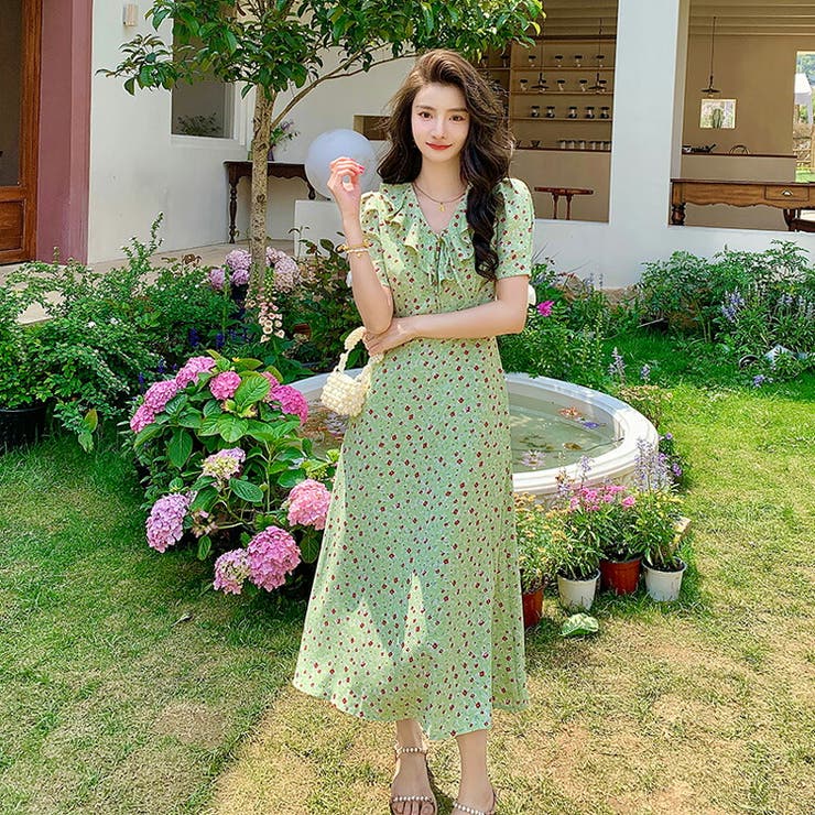 花柄ワンピース Vネック フリル[品番：JSFW0010995]｜JS FASHION