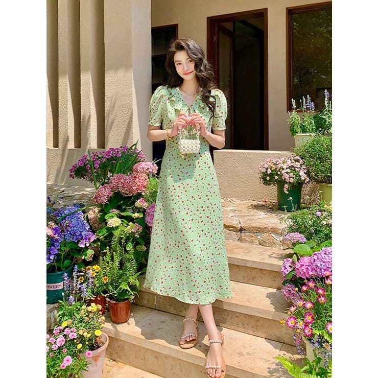 花柄ワンピース Vネック フリル[品番：JSFW0010995]｜JS FASHION
