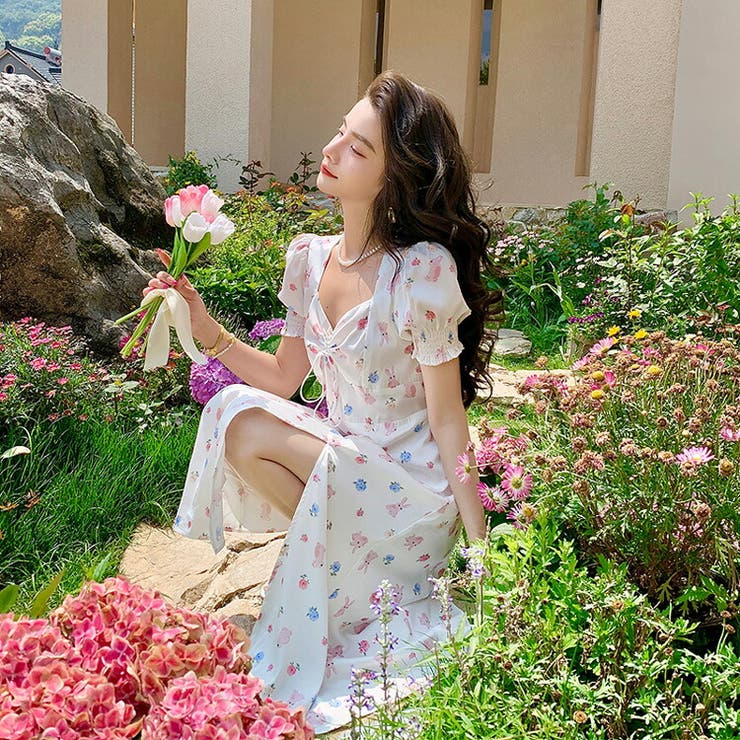 花柄ワンピース フロントスリット パフスリーブ[品番