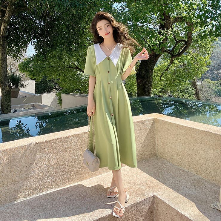 Aラインワンピース 襟付き 配色[品番：JSFW0011044]｜JS FASHION