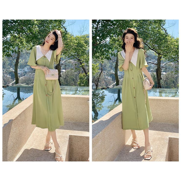 襟付き 配色 ワンピース Aライン ミドル丈 Aラインワンピース 襟付き 配色[品番：JSFW0011044]｜JS FASHION