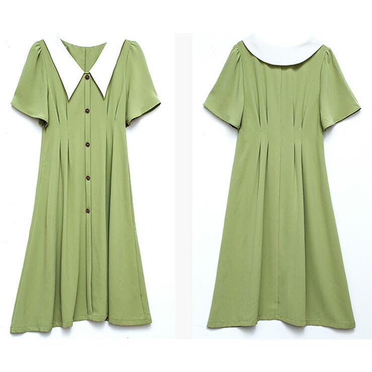 Aラインワンピース 襟付き 配色[品番：JSFW0011044]｜JS FASHION