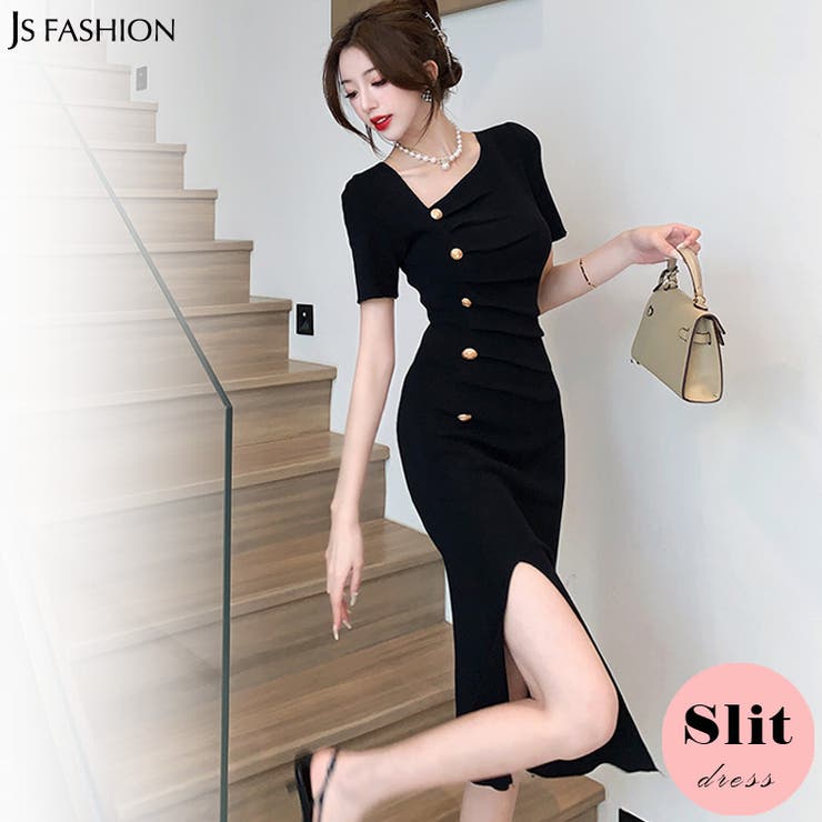 タイトワンピース アシンメトリーネック ゴールドボタン | JS FASHION | 詳細画像1 