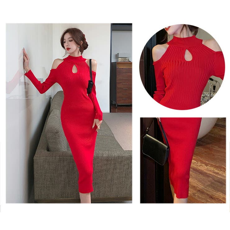 ニットワンピース 全3色 オープンショルダー[品番：JSFW0011316]｜JS