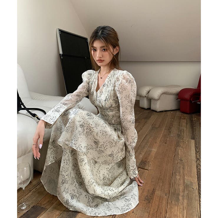 アシンメトリー ロングワンピース 柄ワンピース[品番