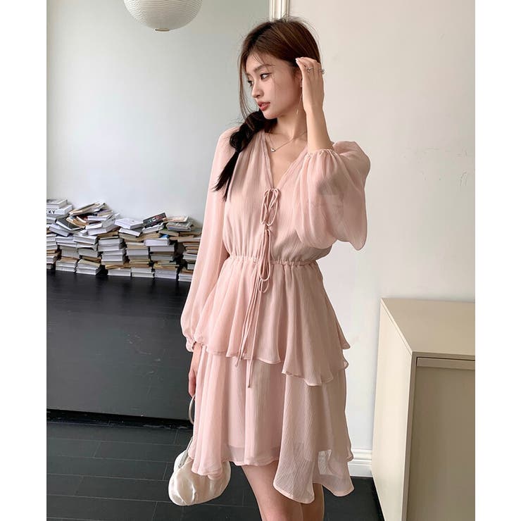 AR23206＊バックオープン✖️シフォンフリルフレアドレスwhM AR23206＊バックオープン✖️シフォンフリルフレアドレスwhM